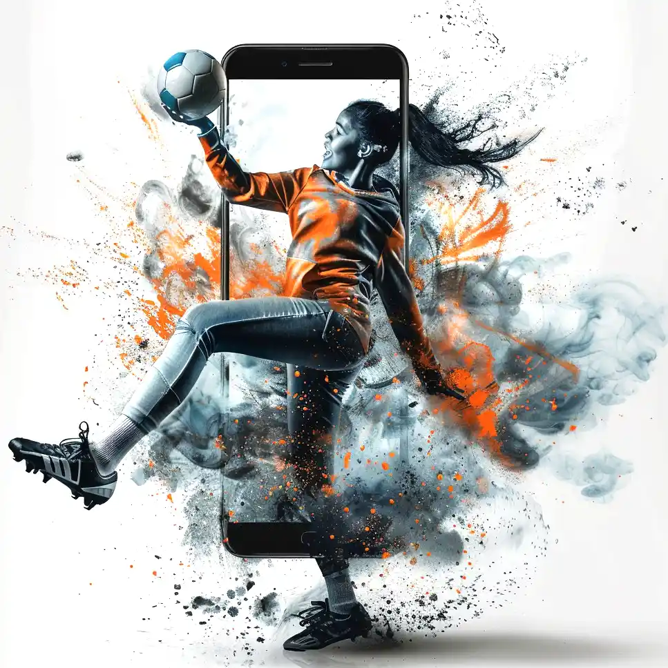 girl kicks the ball on phone